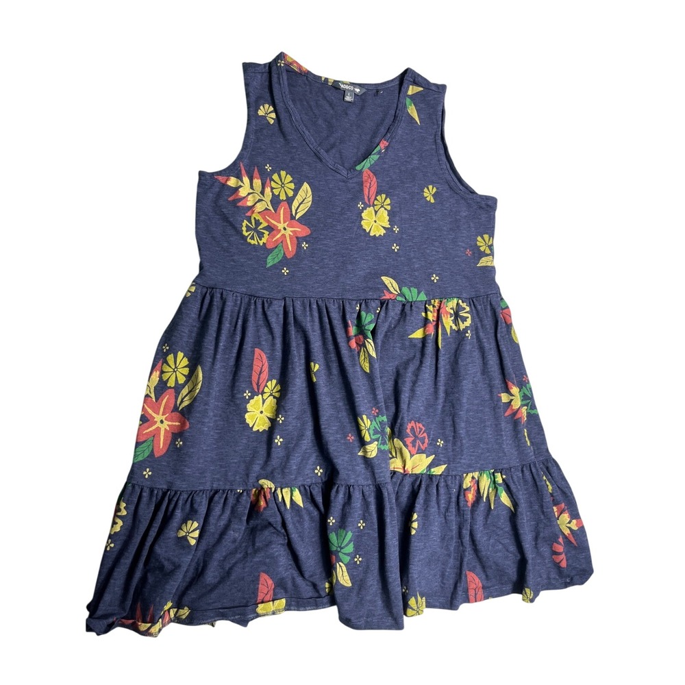 Toad&Co Womens Large Blue Floral Tiered Mini Dress Sleeveless V Neck Boho